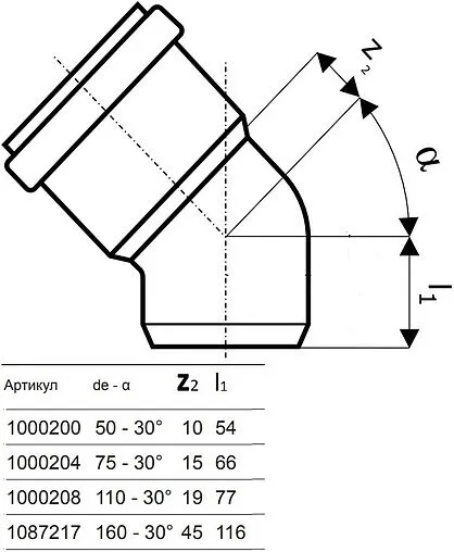 Отвод внутренний бесшумный D=50мм Угол 30° Uponor Decibel 1000200