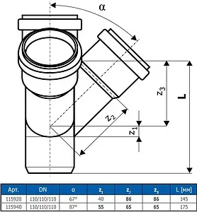Крестовина двухплоскостная внутренняя D=110x110x110мм Угол 67° Ostendorf HTED 115920, 2