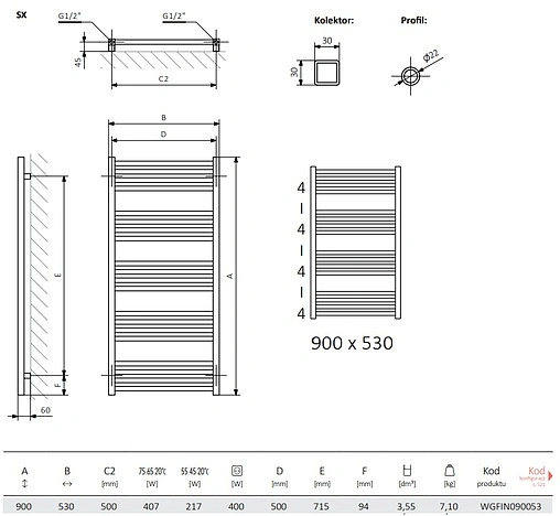 Полотенцесушитель электрический лесенка Terma Fiona 900x530 белый WLFIN090053 K916E1Е8