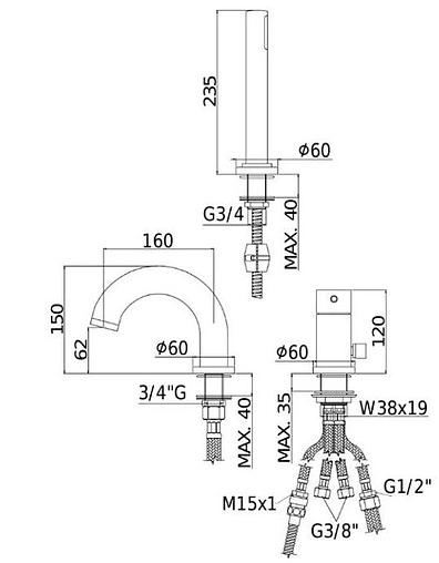 Смеситель на борт ванны на 3 отверстия Paffoni Light хром LIG040LCR