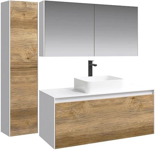 Тумба-умывальник подвесная Aqwella Mobi 120 белый/дуб балтийский MOB0112W+MOB0712DB+641945