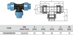 Тройник компрессионный соединительный 25мм x 25мм x 25мм Unidelta 1005025000, 2