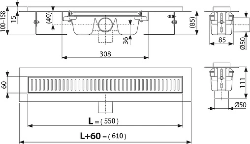 Лоток душевой 550мм h=85мм 1.15л/сек AlcaPlast APZ1-550
