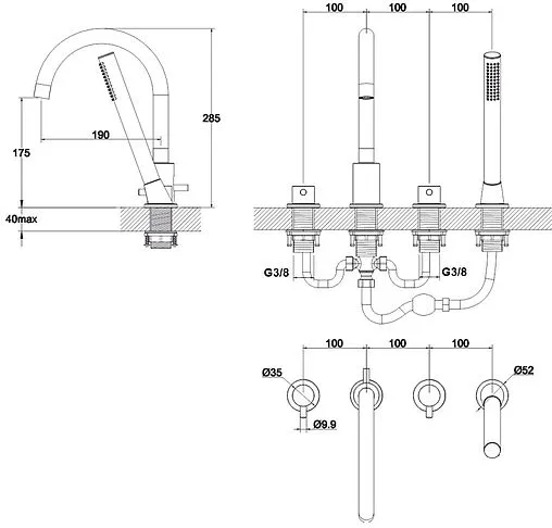 Смеситель на борт ванны на 4 отверстия WHITECROSS Y brushed gold золото брашированное Y1232GLB