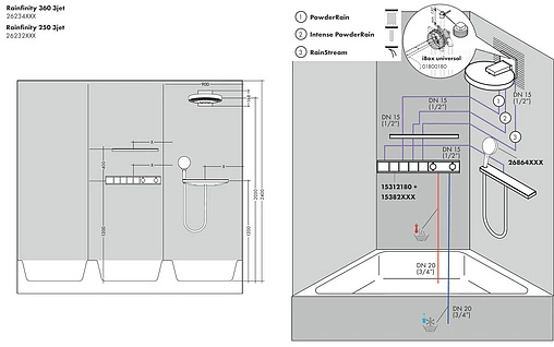 Лейка верхнего душа с настенным креплением Hansgrohe Rainfinity 360 3jet хром/графит 26234000