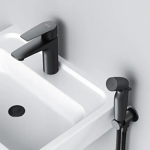 Смеситель для раковины с гигиеническим душем Am.Pm Gem чёрный матовый F90A03022 Смеситель для раковины с гигиеническим душем Am.Pm Gem чёрный матовый F90A03022