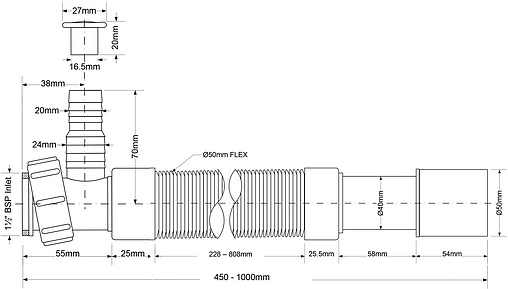 Слив гофрированный Mc Alpine 1½x40/50мм L=450-1000мм MRMF2W