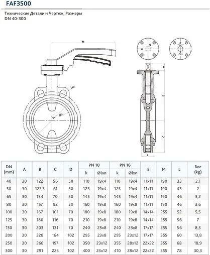 Затвор дисковый поворотный межфланцевый Ду100 Ру16 FAF Valve 3500100
