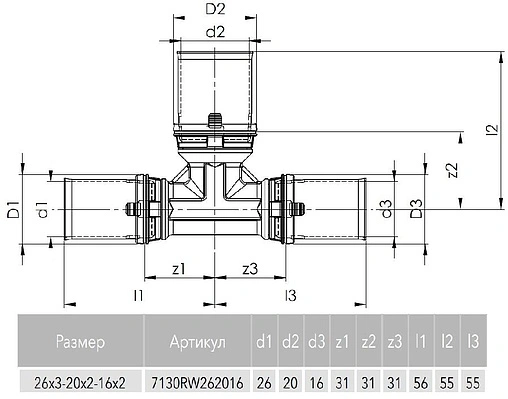 Тройник пресс редукционный 26мм x 16мм x 20мм Comap MultiSkin 7130RW261620