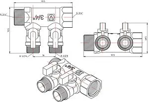 Коллектор запорный проходной 2 отвода ¾&quot;в/н x ½&quot;к Valtec VTc.580.N.0502, 2
