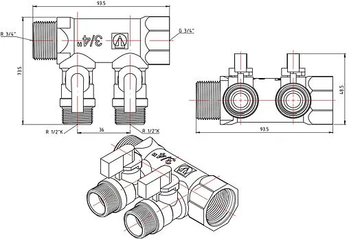 Коллектор запорный проходной 2 отвода ¾"в/н x ½"к Valtec VTc.580.N.0502 Коллектор запорный проходной 2 отвода ¾"в/н x ½"к Valtec VTc.580.N.0502