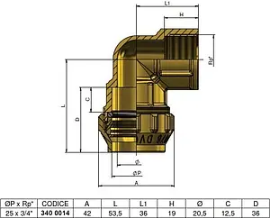 Уголок компрессионный переходной 25мм x ¾"в Tiemme 3400014 Уголок компрессионный переходной 25мм x ¾"в Tiemme 3400014, 2