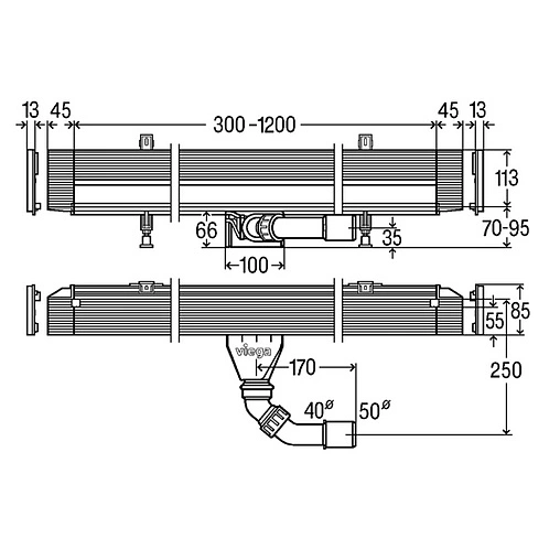 Лоток душевой встраиваемый в стену 300-1200мм h=70мм 0.5л/сек Viega Advantix Vario 4968.1 736736
