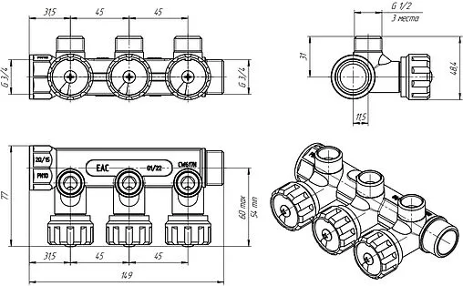 Коллектор регулирующий проходной 3 отвода ¾&quot;в/н x ½&quot;к Valtec VTc.570.N.0503