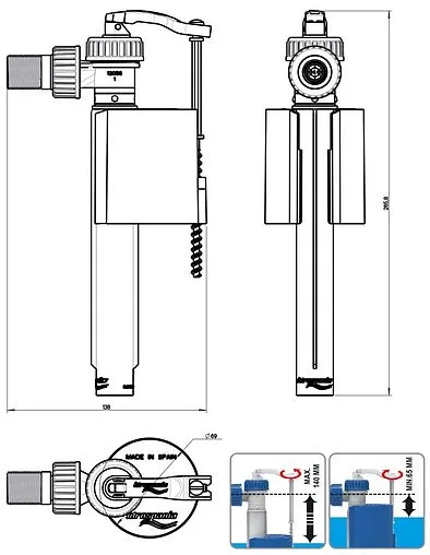 Комплект арматуры для бачка двухрежимный ½" латунь боковой Idrospania 56803