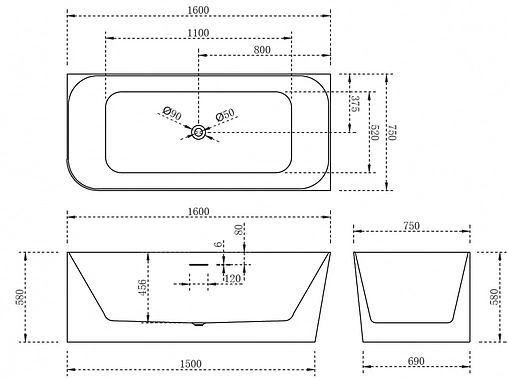 Ванна акриловая Abber 160x75 R AB9331-1.6 R Ванна акриловая Abber 160x75 R AB9331-1.6 R