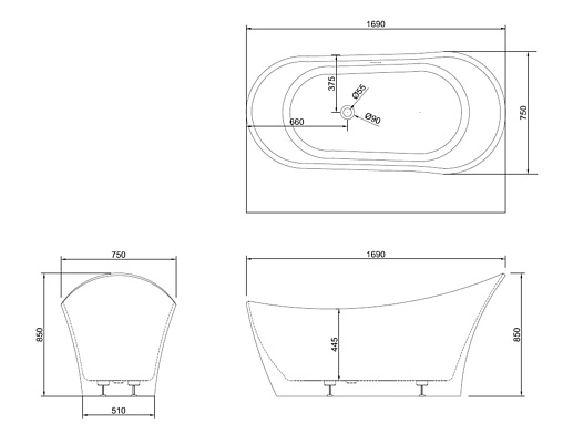 Ванна акриловая отдельностоящая Abber 169x75 AB9245