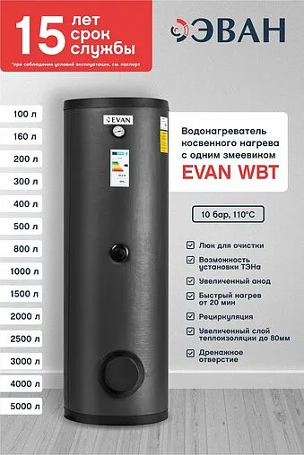 Бойлер косвенного нагрева с возможностью установки ТЭНа Эван WBT HT 100 (17 кВт) 830010