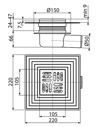 Трап горизонтальный Set AlcaPlast 150x150мм APV26C Трап горизонтальный Set AlcaPlast 150x150мм APV26C