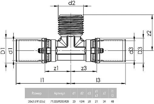 Тройник пресс переходной 20мм x ¾"н x 20мм Comap MultiSkin 7132GW203420