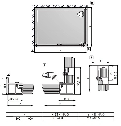 Душевое ограждение 1200x1000мм прозрачное стекло Roltechnik Lega Line LLD2+LLB/1200*1000 556-1200000-00-02+553-1000000-00-02