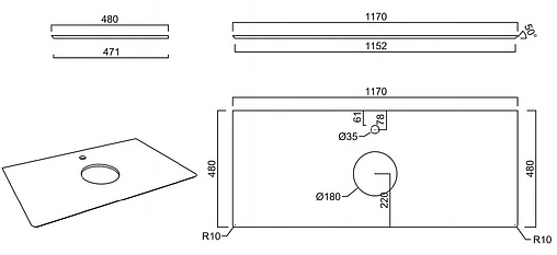 Столешница для накладных раковин Kerama Marazzi Plaza Classic PL1 120 риальто тёмный серый лаппатированный PL1.VT93\120T