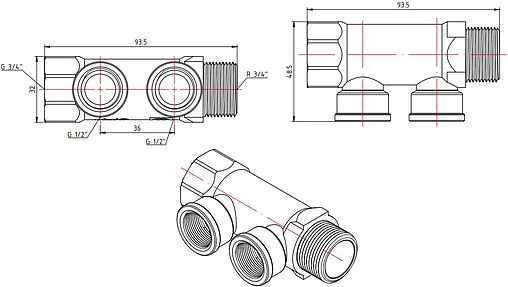 Коллектор распределительный проходной 2 отвода ¾&quot;в/н x ½&quot;в Valtec VTc.550.N.0502
