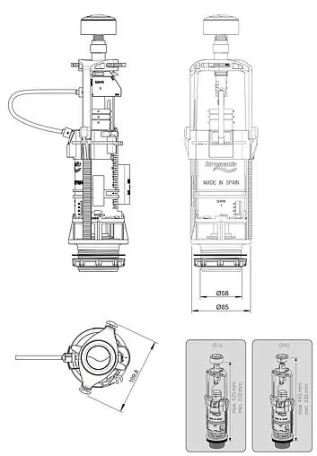 Комплект арматуры для бачка двухрежимный ½" латунь боковой Idrospania 56803