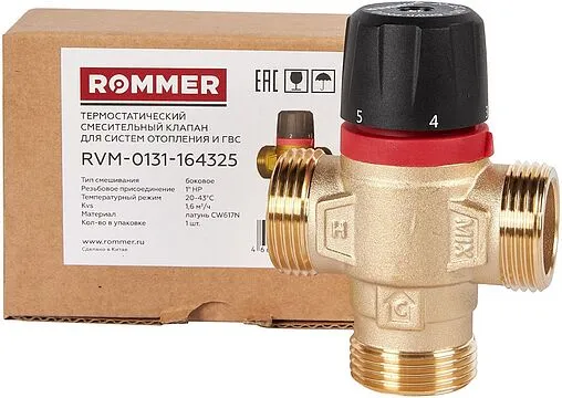 Трехходовой термостатический смесительный клапан 1&quot; +20...+43°С Kvs 1.6 Rommer RVM-0131-164325