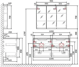 Тумба под умывальник подвесная Raval Wector 120 антрацит Wct.01.120/P/A/MD, 2