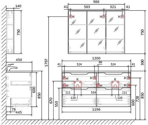 Тумба под умывальник подвесная Raval Wector 120 антрацит Wct.01.120/P/A/MD