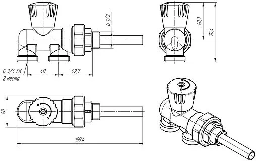 Инжекторный узел для подключения радиатора ¾&quot;ек x ½&quot;н / зонд Valtec VT.022.N.E04100
