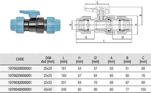 Кран шаровый с американкой для пнд трубы 40мм x 40мм Unidelta 1070040000001