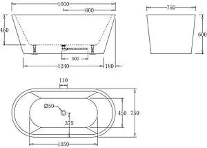 Ванна акриловая отдельностоящая BelBagno 160x75 без перелива  BB71-1600-W0 Ванна акриловая отдельностоящая BelBagno 160x75 без перелива  BB71-1600-W0, 2