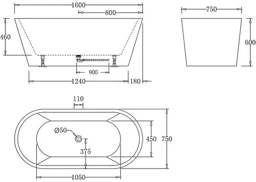 Ванна акриловая отдельностоящая BelBagno 160x75 без перелива  BB71-1600-W0