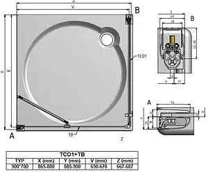 Душевое ограждение 900x700мм прозрачное стекло Roltechnik Tower Line TCO1+TB/900*700 727-9000000-00-02+725-7000000-00-02, 2