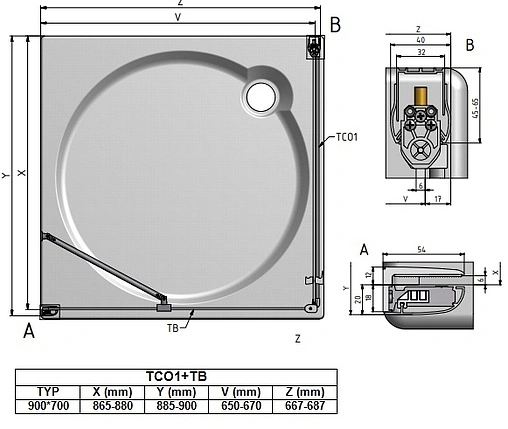Душевое ограждение 900x700мм прозрачное стекло Roltechnik Tower Line TCO1+TB/900*700 727-9000000-00-02+725-7000000-00-02