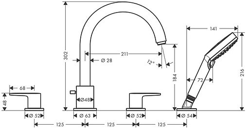 Смеситель на борт ванны на 4 отверстия Hansgrohe Vernis Blend хром 71456000