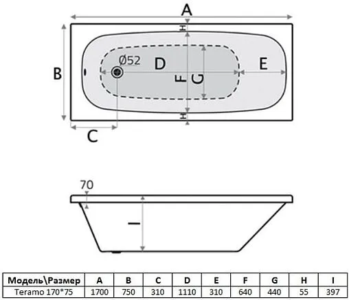 Ванна акриловая Toni Arti Teramo PL 170х75 TA-T17075 Ванна акриловая Toni Arti Teramo PL 170х75 TA-T17075
