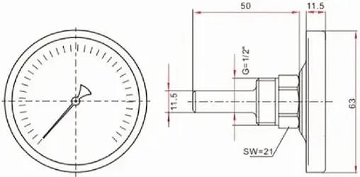 Термометр биметаллический TIM 63мм 120°С гильза 50мм ½&quot; Y-63A-50-120