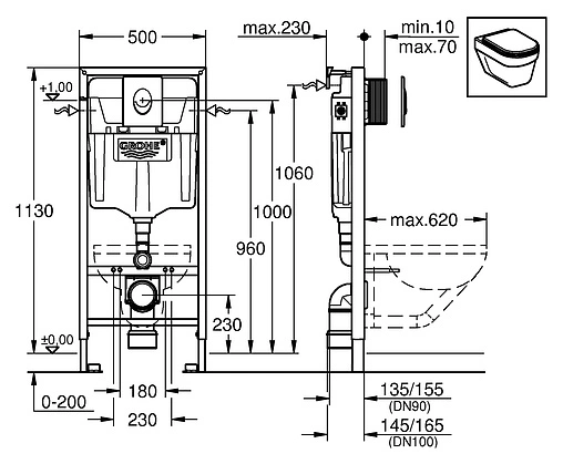 Инсталляция для подвесного унитаза Set 4 в 1 Grohe Rapid SL 38750001 с кнопкой хром глянцевый