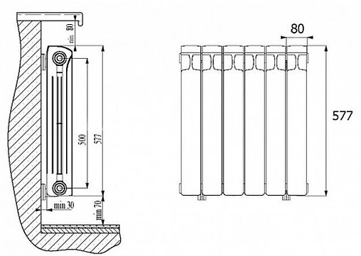 Радиатор биметаллический 7 секций нижнее левое подключение Rifar Base Ventil 500 RBVL50007