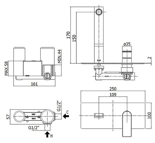 Смеситель для раковины из стены Paffoni Tango полированная сталь TA104ST