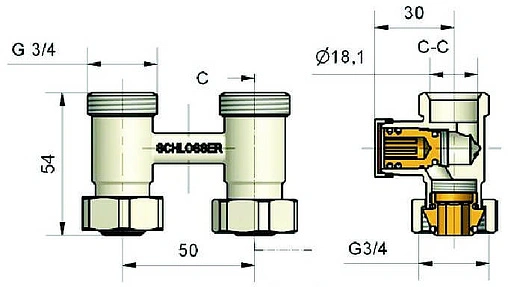 Узел нижнего подключения радиатора прямой с термоголовкой ¾&quot;ек x ¾&quot;ек (½&quot;н) Schlosser Standard черный 600800066 Ral 9005