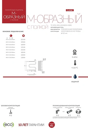 Полотенцесушитель водяной Terminus М-образный с/п AISI 32х2 600х400 полированная сталь 4620768880377