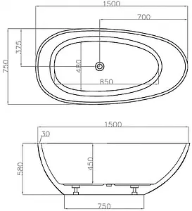 Ванна акриловая отдельностоящая Abber 150х75 AB9356-1.5 Ванна акриловая отдельностоящая Abber 150х75 AB9356-1.5, 2