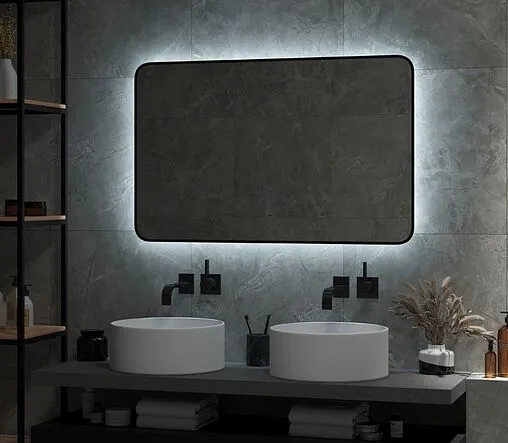 Зеркало с подсветкой Continent Torry Led 90x70 с фоновой подсветкой, бесконтактным сенсором, с подогревом чёрный ЗЛП2030