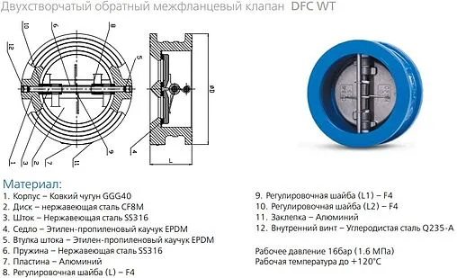 Клапан обратный поворотный двустворчатый межфланцевый Ду100 Ру16 Water Technics DFC WT SKL100700100