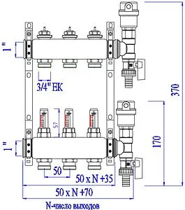 Группа коллекторная с расходомерами 6 отводов 1&quot;в/в x ¾&quot;ек Valtec VTc.589.EMNX.0606, 2