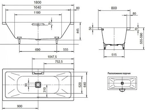 Ванна стальная Kaldewei Conoduo 180x80 mod. 733 anti-slip+easy-clean белый 235130003001